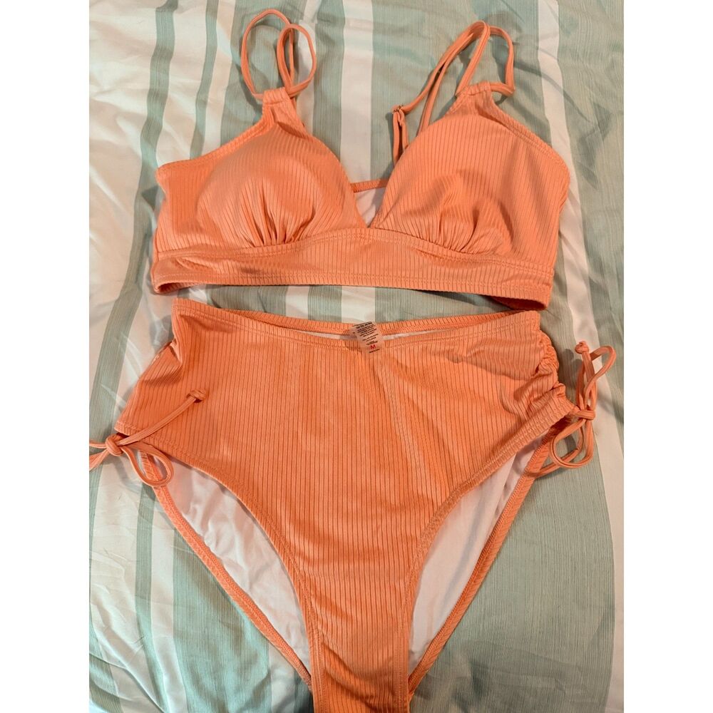 194. Women's Ribbed Peach Bikini Set High Waist Side Tie Bottom Size Medium NWOT